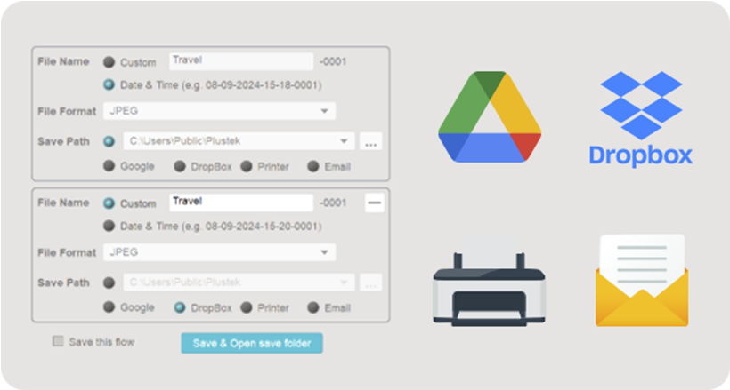Upload and save your files to Dropbox or Google Drive for easy access from any device.